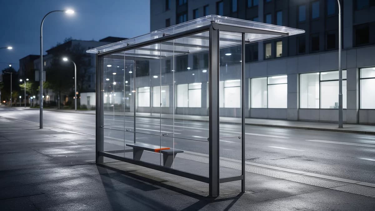 Wizualizacja: wiata przystankowa z grafitowej stali z przezroczystym dachem i ścianami z poliwęglanu litego, ulica o zmierzchu.